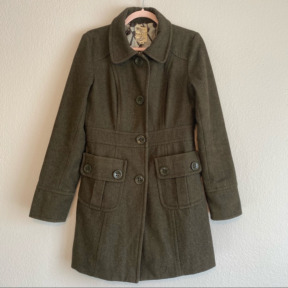 TULLE ANTHROPOLOGIE Medium Army Olive Green Wool 40s Style Coat Jacket Fit Flare